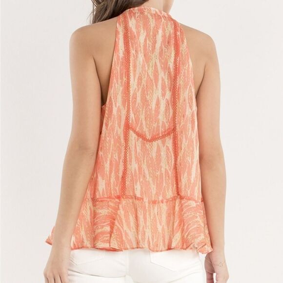 Miss Me Swing Halter Top Feminine Flirty Tassled Feather Print Blouse - Picture 2 of 9